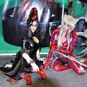 Popular Filipina cosplayers Jan Illenberger and Alodia Gosiengfiao hang out at the 2010 San Diego Comic Con. Jan cosplays Bayonetta from the video game Bayonetta. Alodia cosplays Amaha Masane from the anime series Witchblade.
