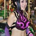 Asian cosplayer Linda Le cosplays Juri Han from the video game Super Street Fighter IV at the 2010 San Diego Comic-Con.